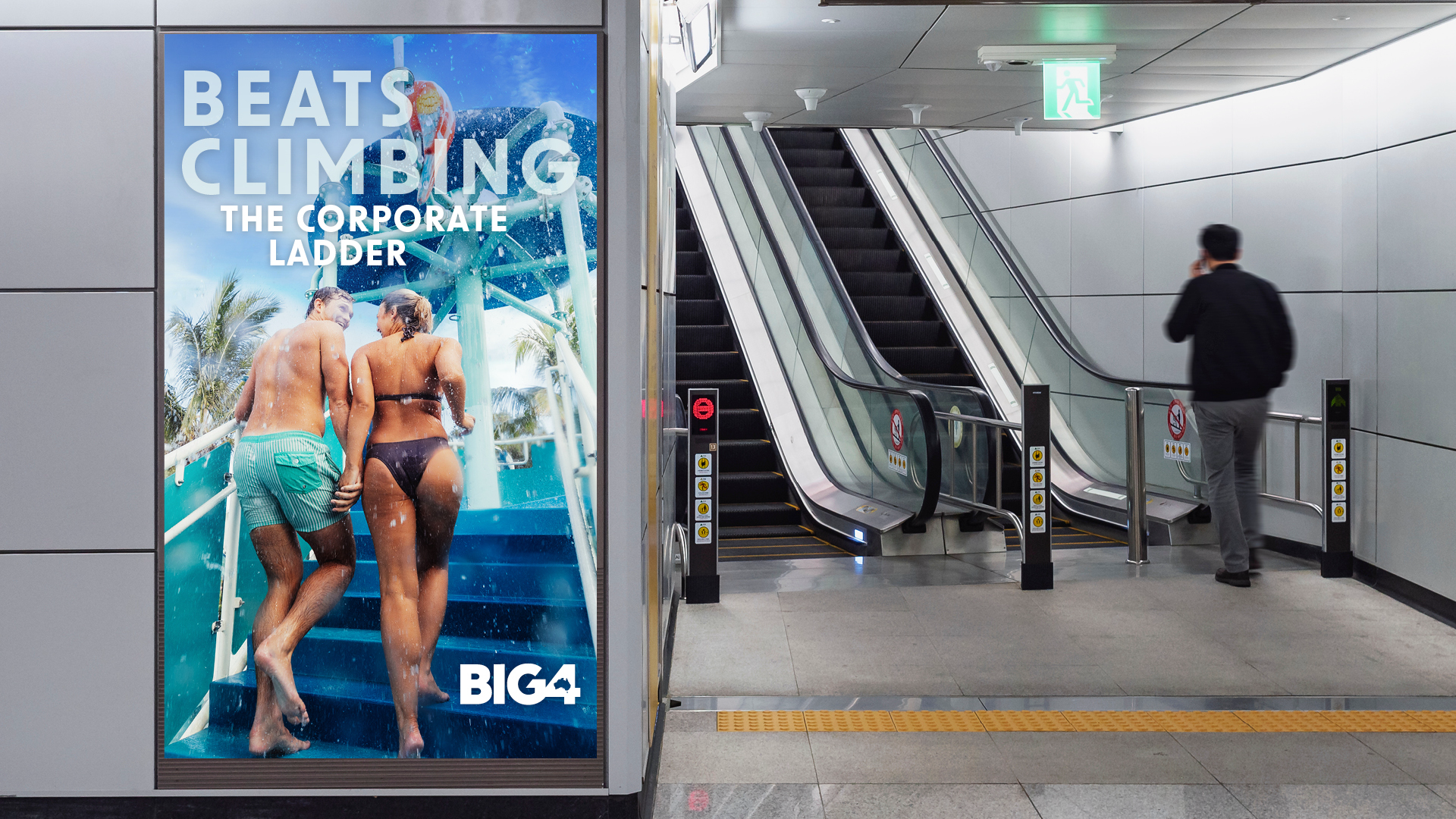 Poster at airport terminal depicting young couple in swimming costumes ascending stairs at a pool/water park, with the tagline 'Beats Climbing the Corporate Ladder'. Part of Big 4's 'Experience More' campaign by Bellwether Agency, 2022
